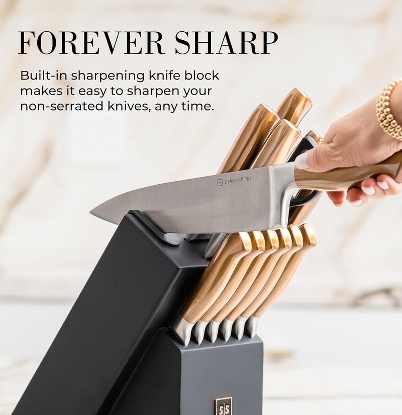 styled settings Black and Gold Knife Set for Kitchen with Block – 14-Piece Ultra-Sharp Stainless Steel Knives with Gold Handles and Built-In Sharpener – Stylish Kitchen Accessories for Cooking and Decor - Image 2